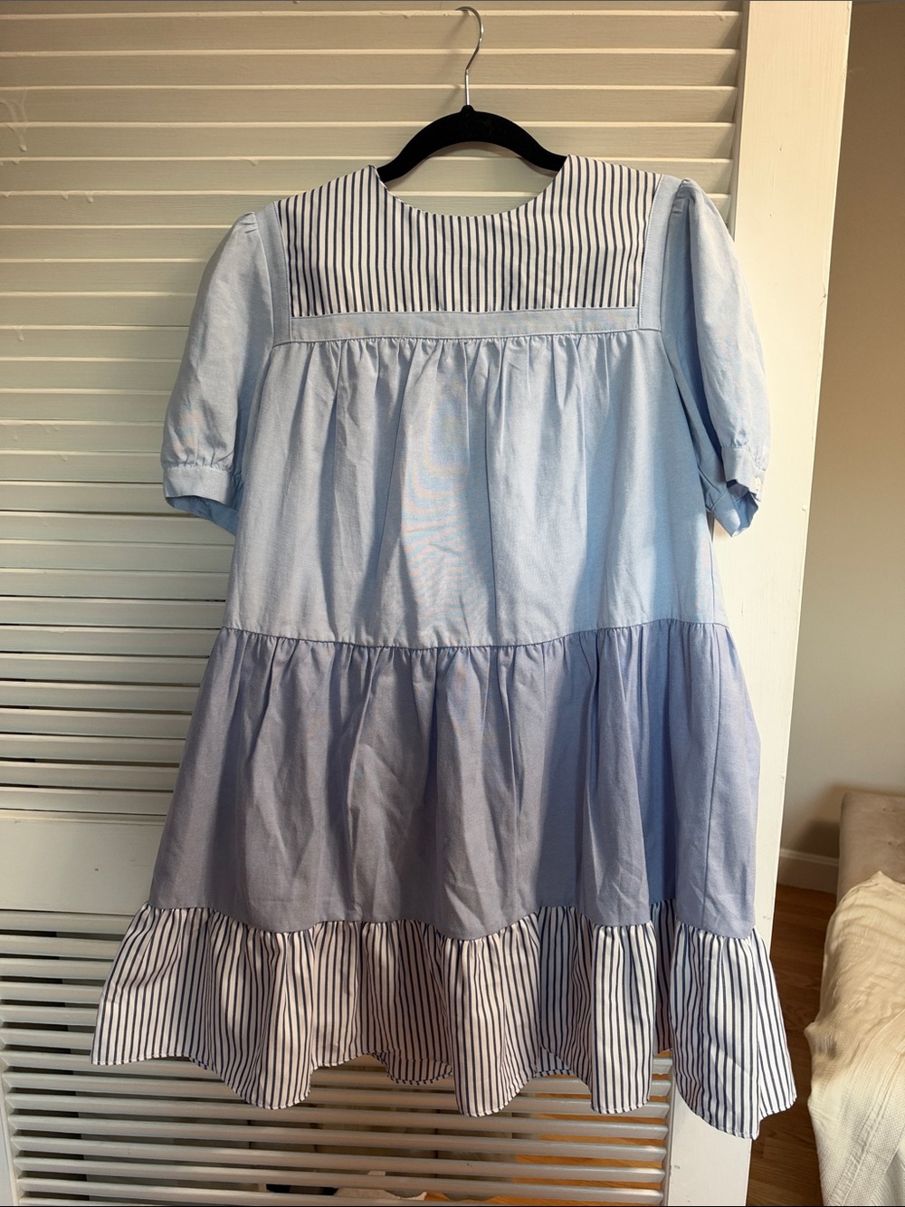 English Factory Light Blue & Navy Striped Tiered Mini Dress